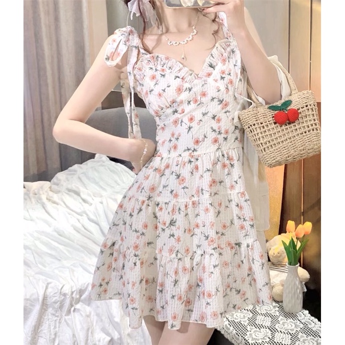 Set Đầm 2 Dây Hoa Nhí Dáng Xoè + Áo Khoác Ngoài Mỏng Viền Bèo | BigBuy360 - bigbuy360.vn