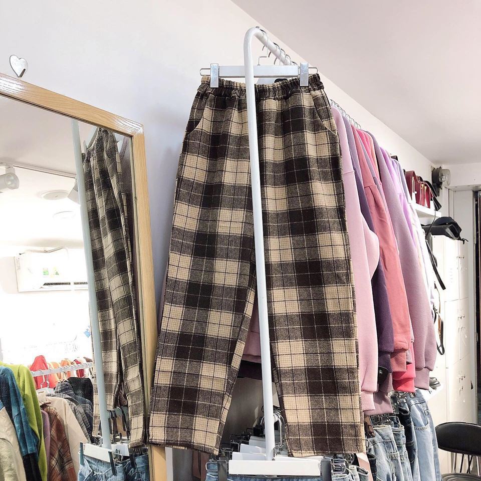 Quần Kẻ Caro Nâu Đen Ô To Plaid Pants Dáng Suông Unisex _ quần cuttlotes kẻ caro ống rộng