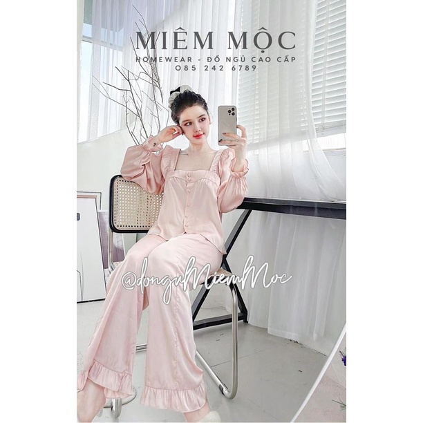 Bộ đồ ngủ Pijama cao cấp, đồ mặc nhà đẹp, chất liệu latin lụa mềm mịn