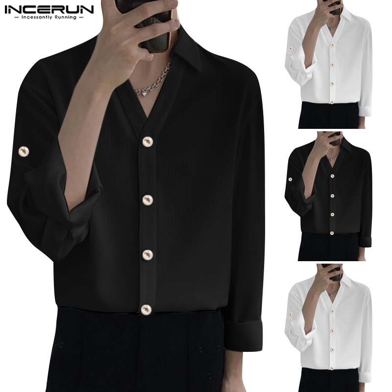 Áo sơ mi INCERUN tay dài cổ chữ V màu trơn dành cho nam