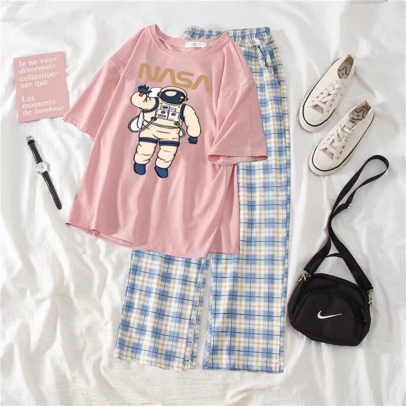 Sét Áo phông N.S + quần kẻ, Áo thun from rộng, Chất đẹp không xù, quần suông ống rộng, Sét bộ mặc ở nhà - MODY