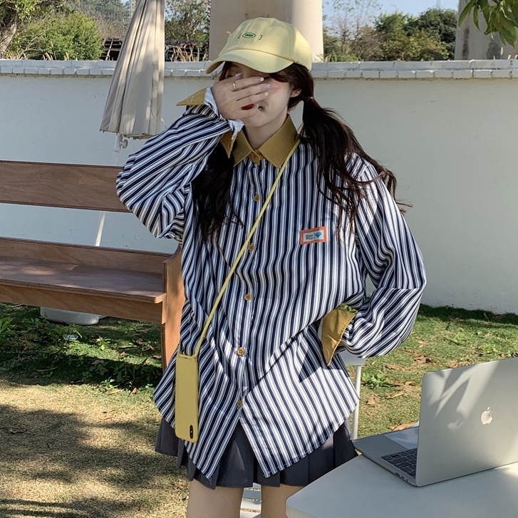 Áo sơ mi SUXI tay dài dáng rộng thiết kế đơn giản cho nữ