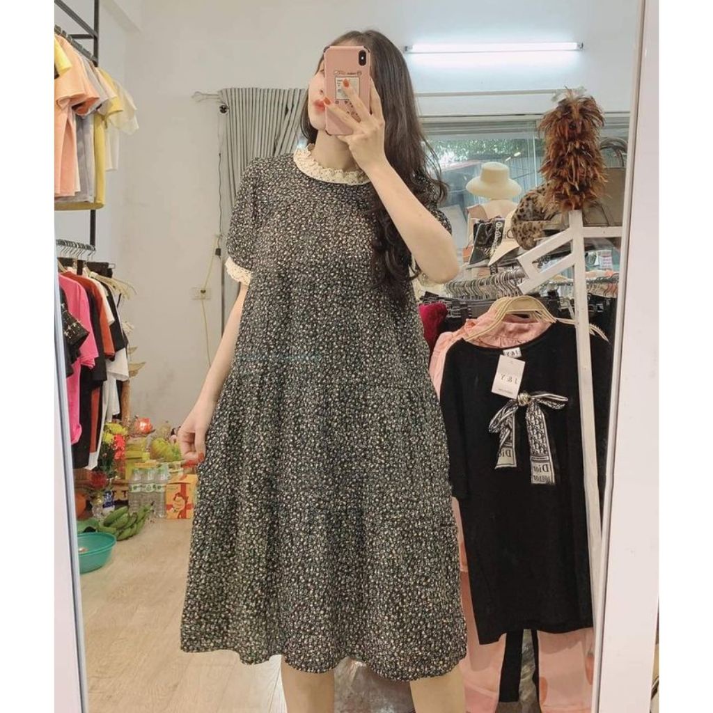 Đầm bầu ngắn tay hoa nhí có dây đai MSP262 chất lụa hoa thời trang thiết kế Mom and Baby