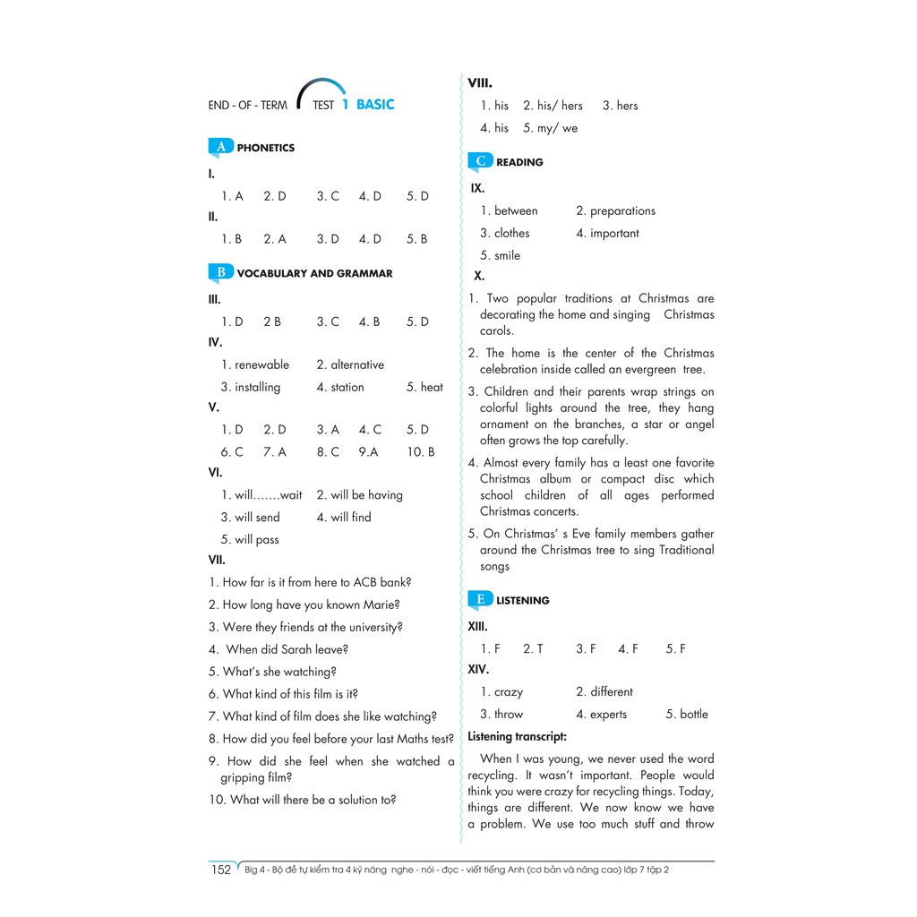 Sách - Big 4 bộ đề tự kiểm tra 4 kỹ năng Nghe - Nói - Đọc - Viết (Cơ bản và nâng cao) tiếng Anh lớp 7 tập 2