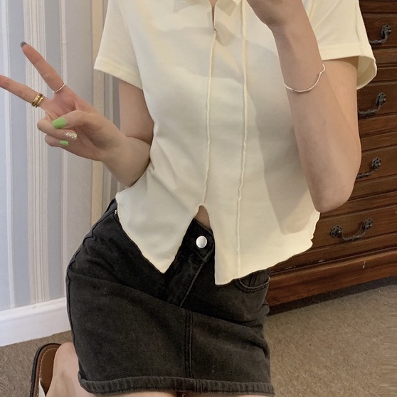 【ZHELIHANGFEI】 Áo Thun Dệt Kim Ngắn Tay Phong Cách Gợi Cảm