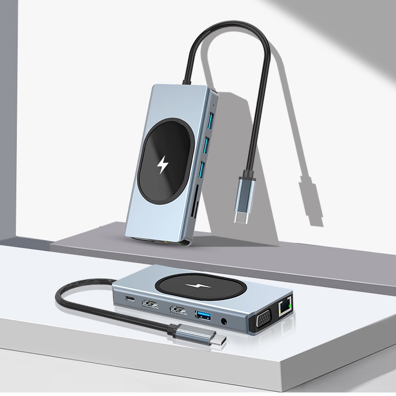 Bộ Chia Cổng Sạc Type c 12 Trong 1 Sang HDMI * 2 4K VGA USB3.0 100W PD / TF2.0 RJ45 1000M 3.5mm Cho Macbook M1 Laptop Điện Thoại