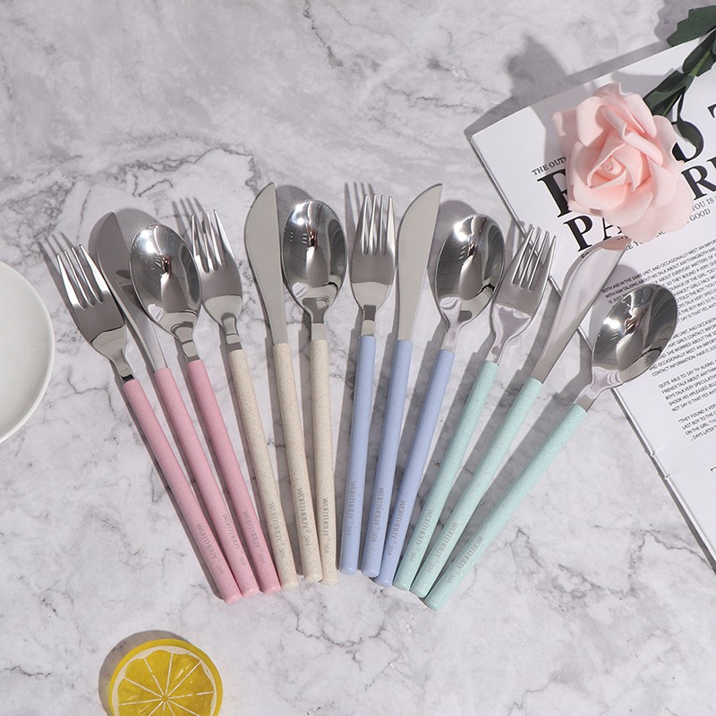[baishangworshipwell♥]3*Stainless Steel Tableware With Wheat Straw Handle Knife Fork Spoon Dinner Set