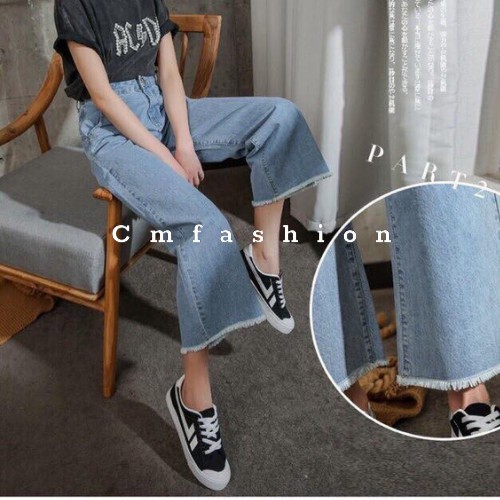 Quần bò ống rộng suông cạp cao tua gấu vải bò denim cực chất - CM Shop