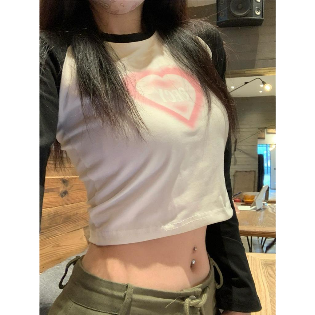Áo Thun Dáng Ôm Ngắn Dài Tay In Hình Trái Tim 60772