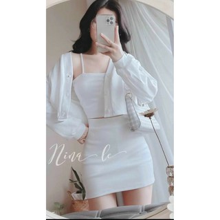 Set váy 3 món ( chân váy + áo croptop 2 dây + khoác croptop ) trẻ trung dễ thương mua 1 set siêu hời
