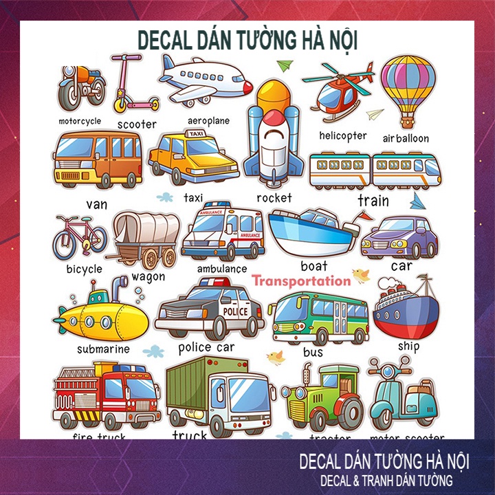Đề can dán tường cho bé học DECAL DECOR HM92024 Phương Tiện Giao Thông