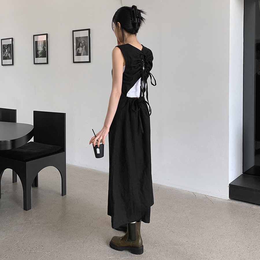 Đầm hai dây ZHELIHANGFEI dáng dài lưng cao màu trơn kiểu retro Pháp thời trang mùa hè