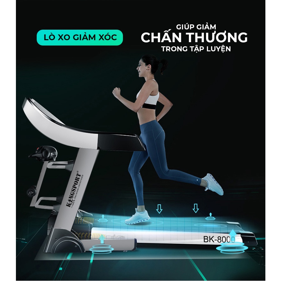 Máy chạy bộ tại nhà KingSport BK-8000 Đa Năng có thảm chạy rộng chống trơn trượt, chống ồn, kèm theo đai massage và than