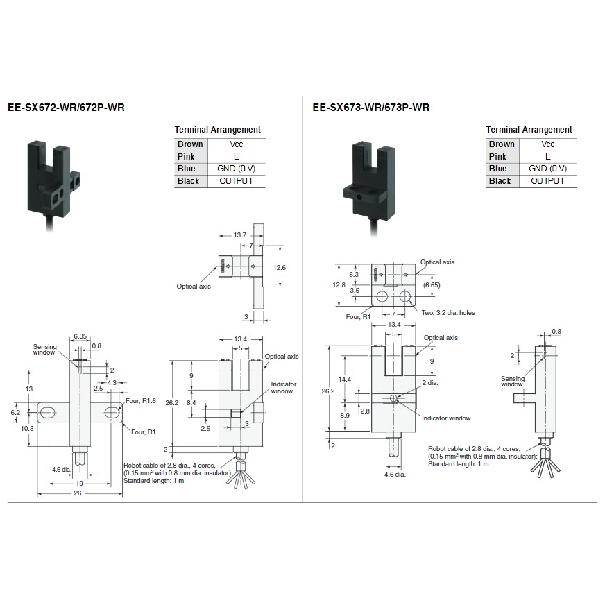 Cảm biến quang Omron EE-SX671WR - EE-SX672WR - EE-SX674WR dây dài 3m