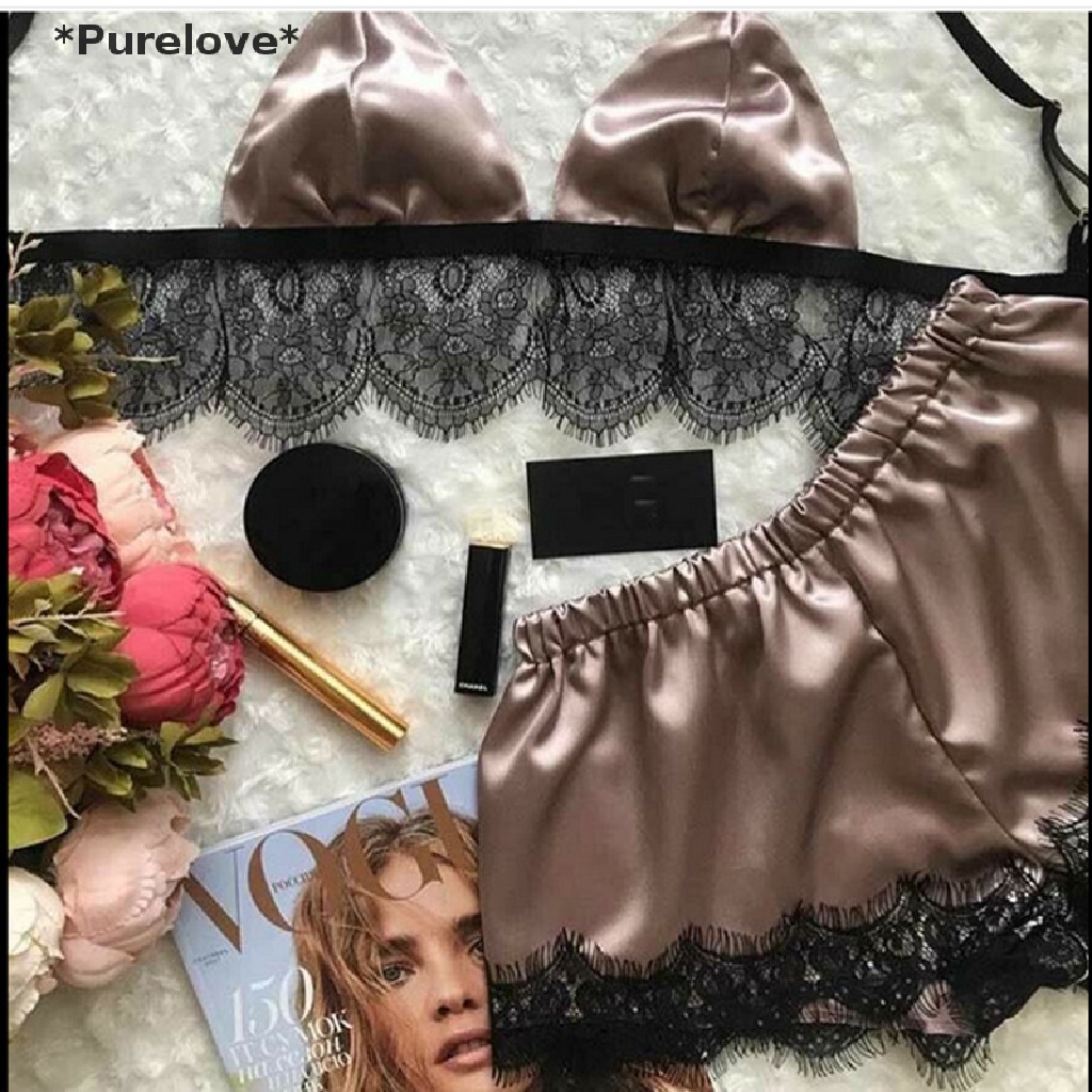 Bộ Đồ Ngủ Vải Satin Không Tay Cổ Chữ V Phối Ren Gợi Cảm Cho Nữ