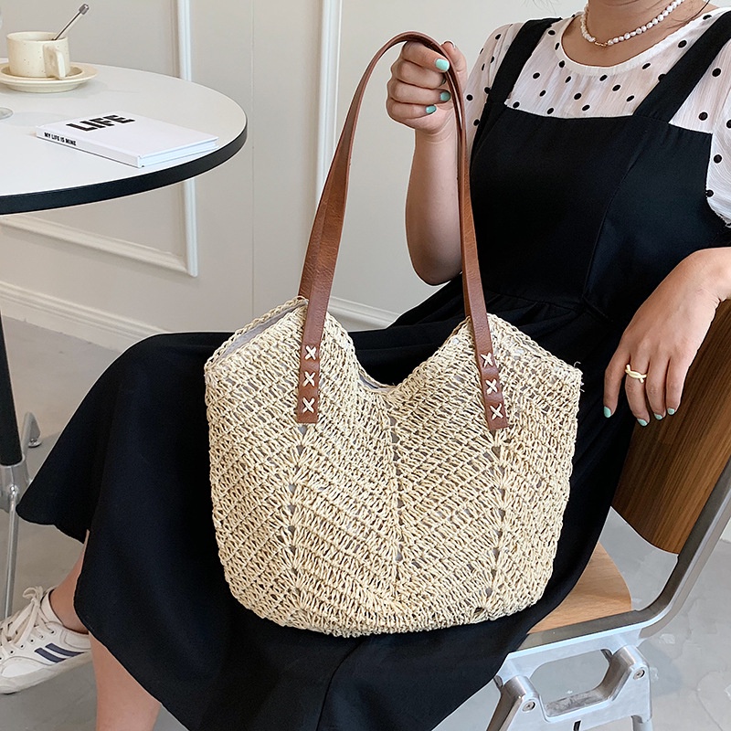 Túi cói Tote hình trái tim - dây da đeo vai - phong cách Vintage (mẫu mới)