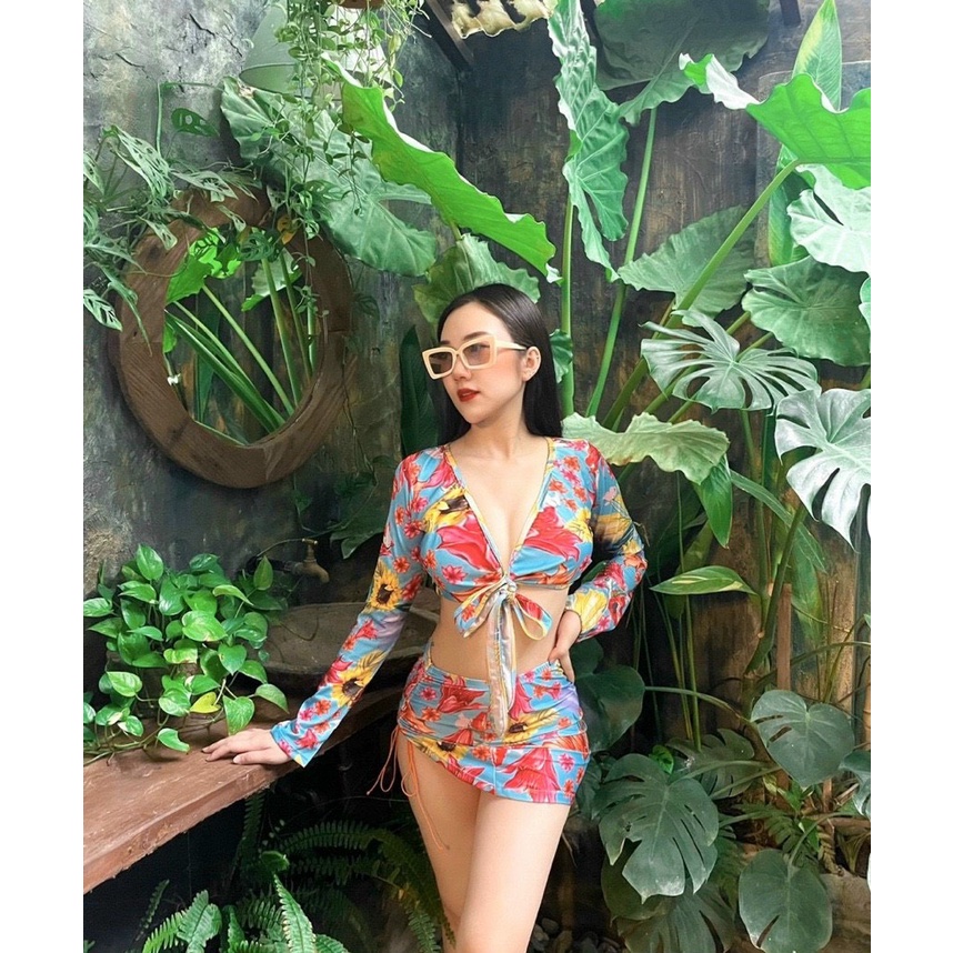 SET BIKINI, ĐỒ BƠI ĐI BIỂN 3 MÓN ÁO TAY DÀI QUẦN LỌT KHE HỌA TIẾT HOA KÈN ĐỎ SEXY BM-096
