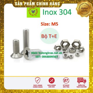 Vít pake đầu bằng inox size M5 (Bộ T+ecu) , ốc 4 cạnh đầu  non inox, ốc vặn tua vít đầu bằng thân bulong, inox 304