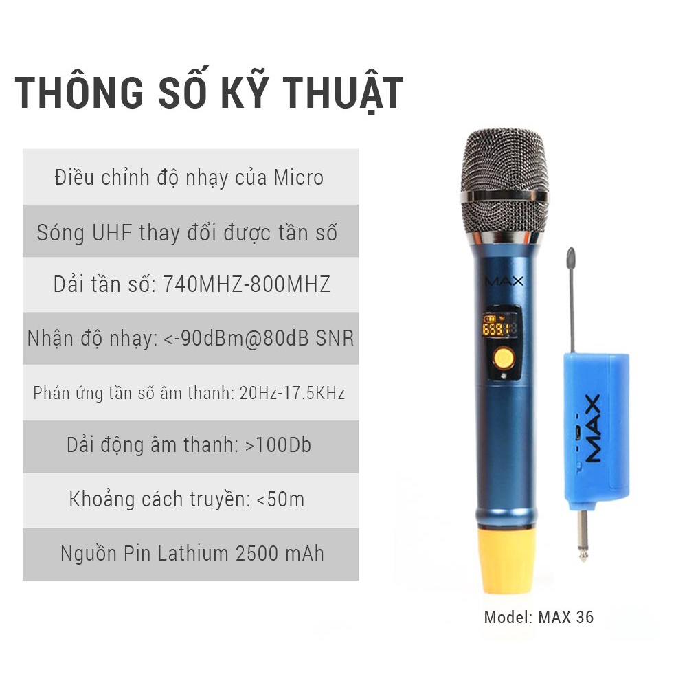 Micro không dây đa năng Max 36 Hút âm tốt, chống hú hiệu quả - Sạc pin ngay trên mic