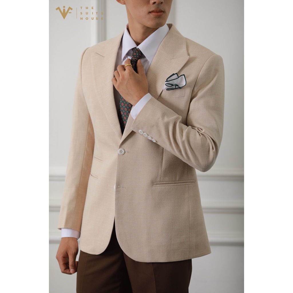 Bộ vest nam cam nhạt phối nâu đậm, 2 khuy 3 túi, suits sartorial chất linen The Suits House