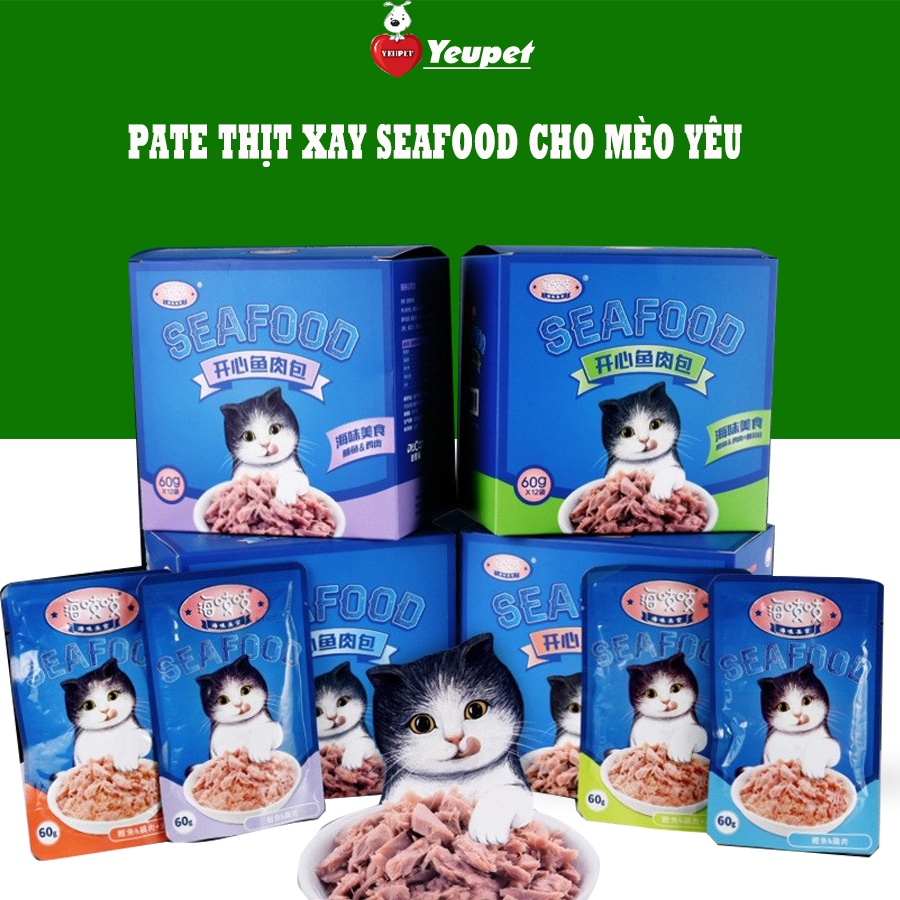 Pate thịt xé cho mèo SEAFOOD 4 vị thơm ngon , bổ dưỡng dành cho thú cưng- 60g csp40