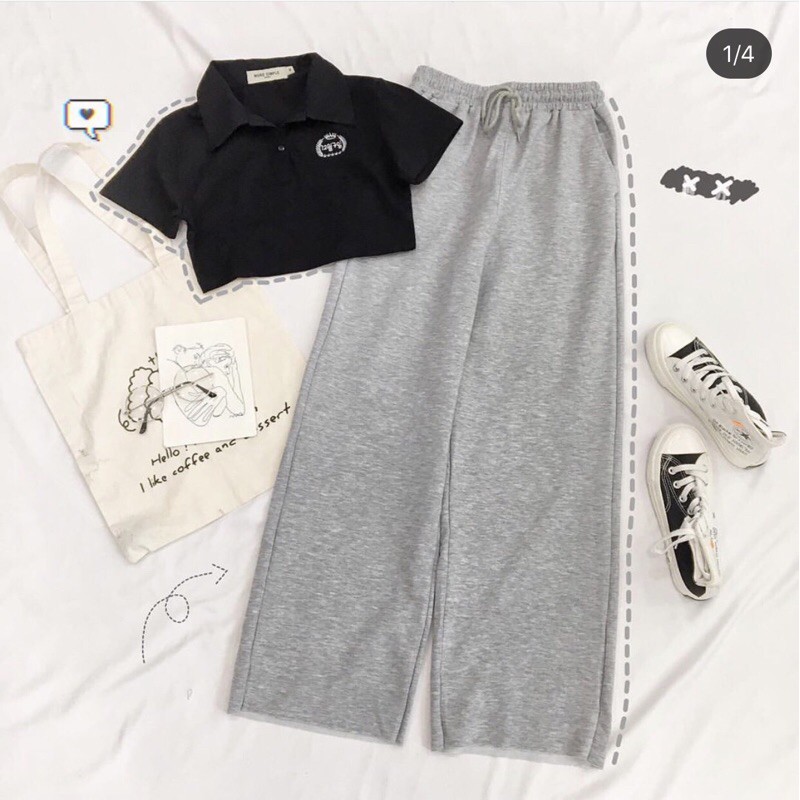 🍬Set Quần Suông Xám + Crop Logo Đen