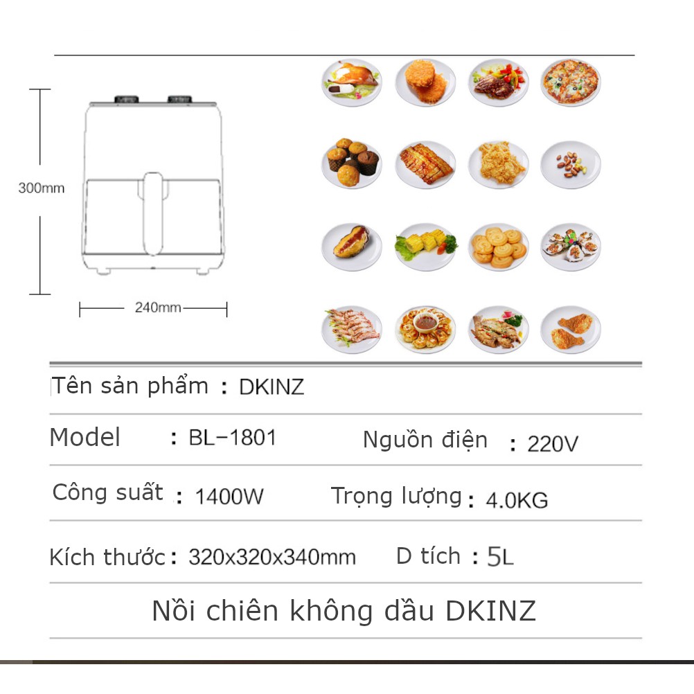 [MUA 1 TẶNG 3] Nồi chiên không dầu điện tử DKINZ BL-1801 chính hãng dung tích 4.5L - Bảo hành 6 tháng