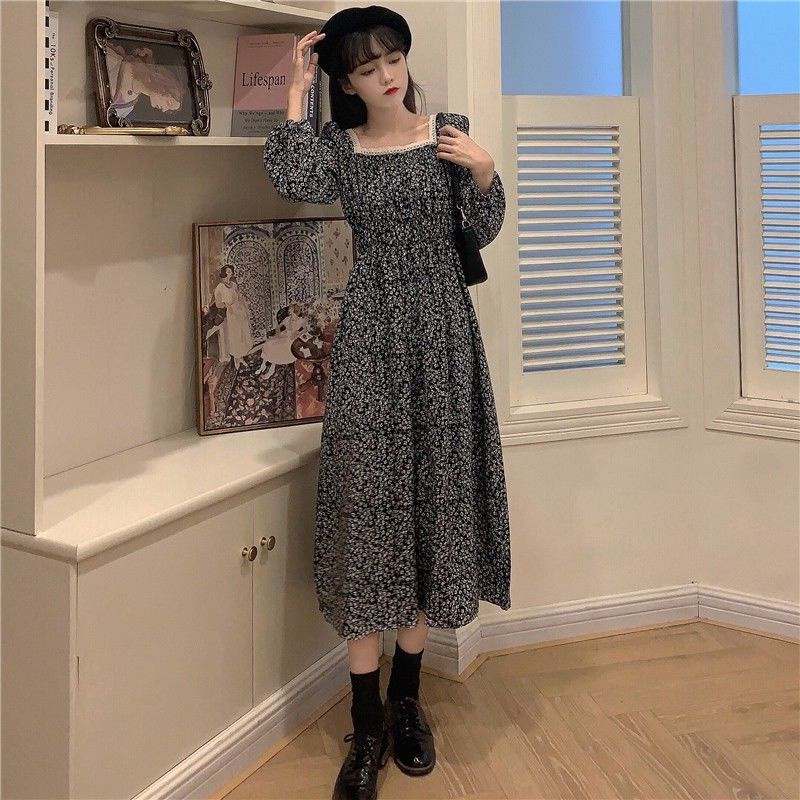 Đầm họa tiết hoa dáng dài phong cách Hàn Quốc thời trang mùa thu cho nữ