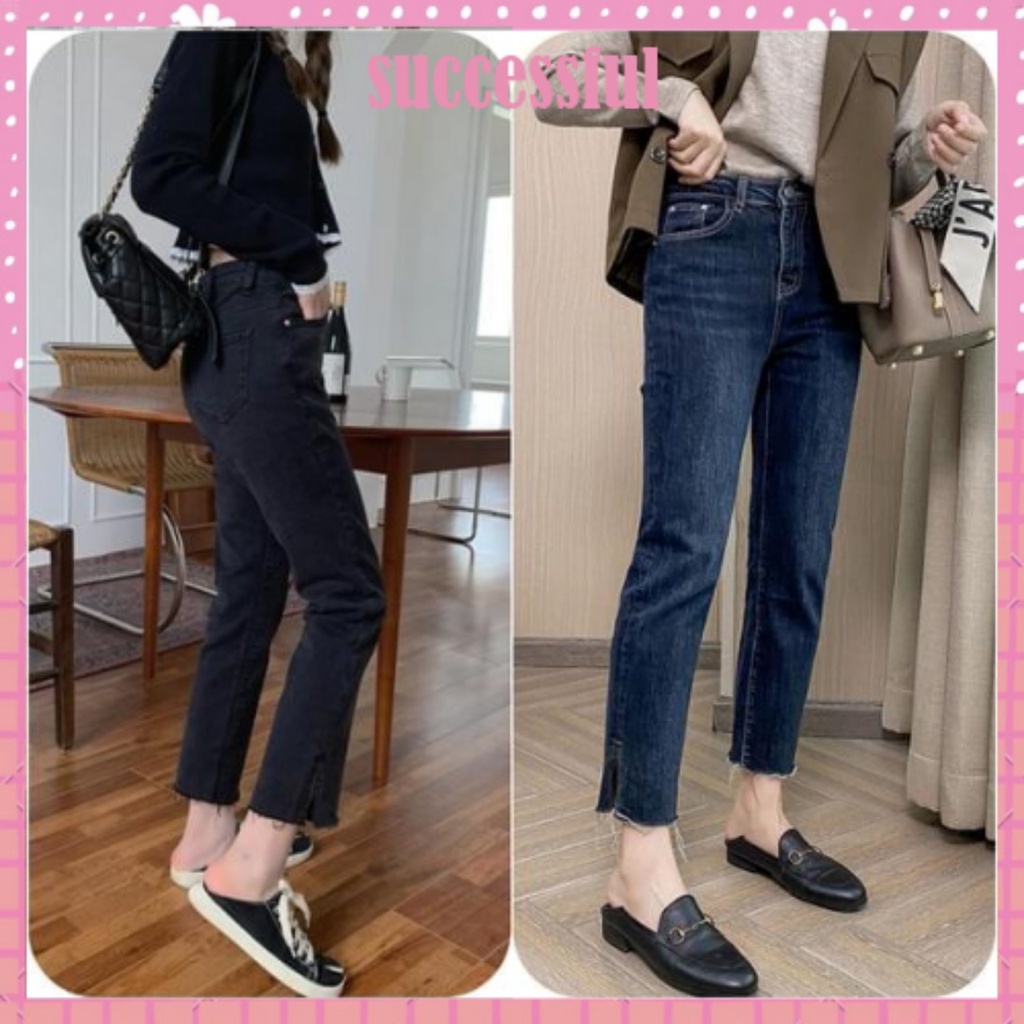Quần jeans bò nữ xẻ gấu đậm chất vải co dãn phong cách Hàn Quốc