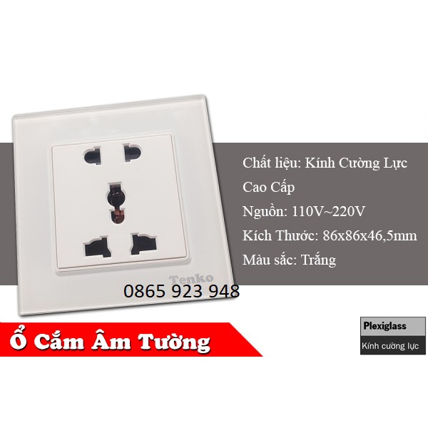 Ổ Cắm Điện Đa Năng 2 Chấu Mặt Kính Cường Lực Full Kính Hình Vuông/Có 2 Chân USB Không Có Nút Bấm Trên Mặt Ổ Cắm