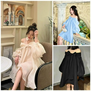 đầm trễ vai tay phồng phối nơ 3 màu bigsize ( thời trang bigsize vicky.g - anitagreen ) n523