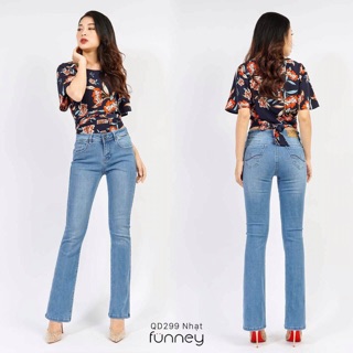 Quần jean ống loe dài lưng vừa xuất khẩu co giãn