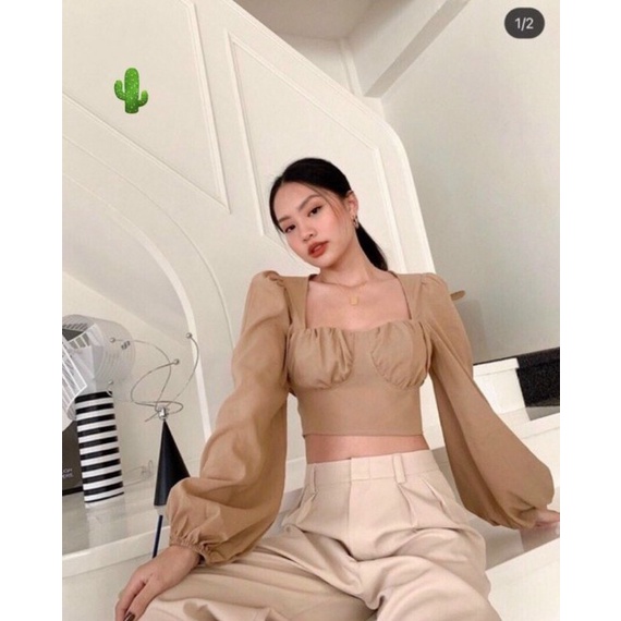 Áo croptop cổ vuông tay phồng có mút ngực cột nơ sau lưng chất Kate lụa Hàng Y Hình Kèm Ảnh Thật Chính Chủ