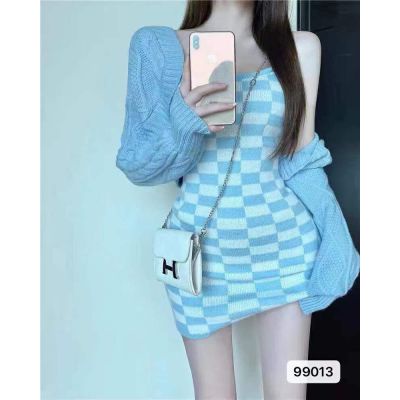 DUNEA Đầm Ôm Trễ Vai Họa Tiết Sọc Caro Quyến Rũ Cho Nữ