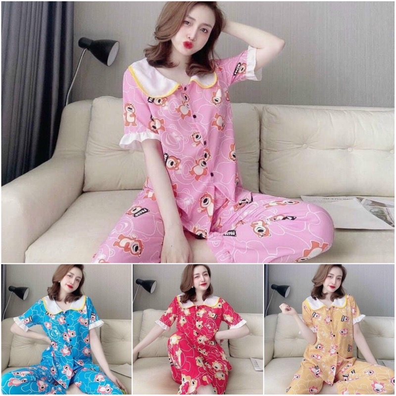 Đồ bộ tiểu thư cổ sen tay ngắn quần dài chất vải lụa hình gấu
