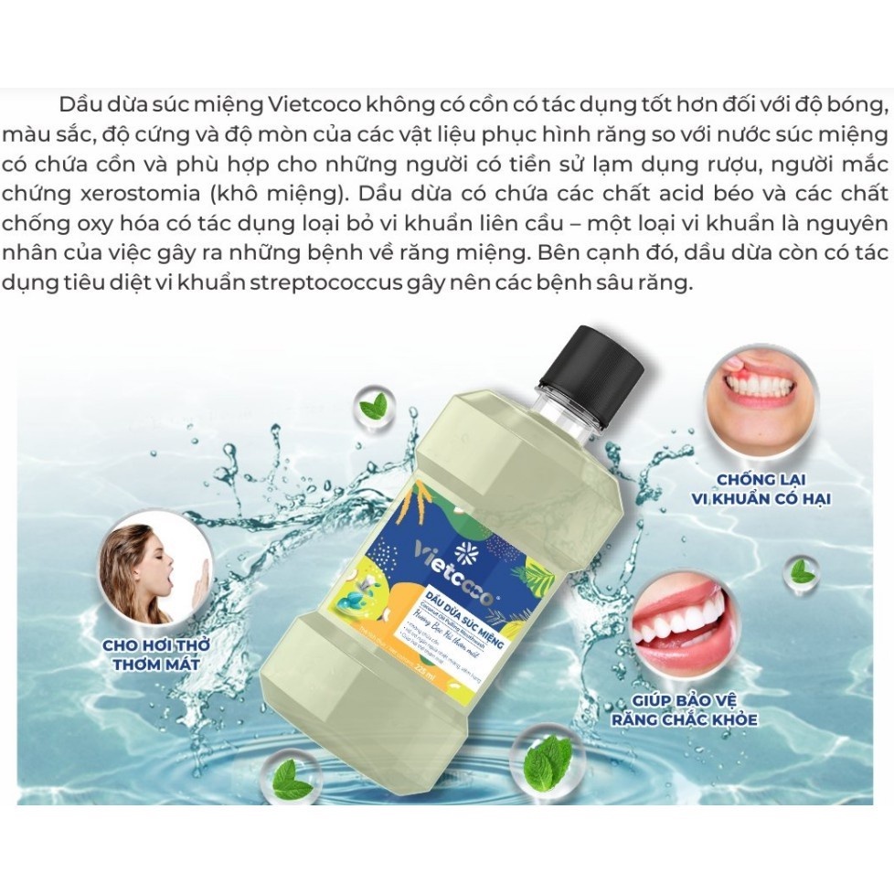 Dầu Dừa Vietcoco Súc Miệng Bổ Sung Tinh Dầu Bạc Hà Sát Khuẩn, Ngừa Sâu Răng, Thơm Mát 225ml