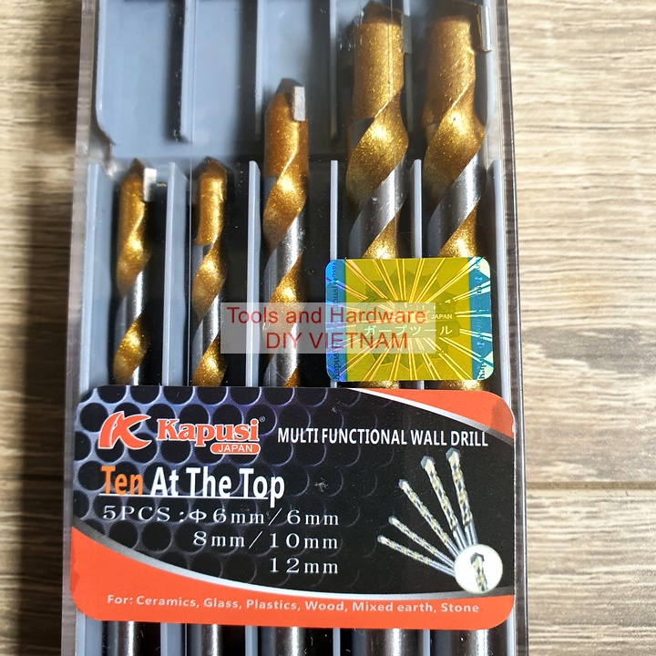 Hộp 5 mũi khoan đa năng hãng Kapusi Nhật Bản các gồm các cỡ hai mũi 6m và mũi 8, 10, 12mm