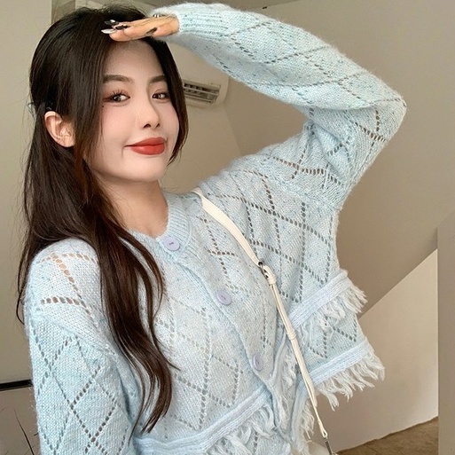 Áo cardigan ZHELIHANGFEI dệt kim tay dài lưng cao phối tua rua dễ phối đồ cho nữ