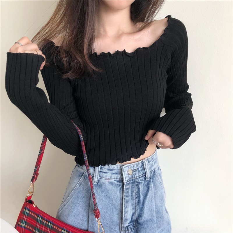 🐇 Áo Lửng Tay Dài Thời Trang Dành Cho Nữ Áo Croptop Áo thun nữ, áo croptop tay dài Dệt Kim Tay Dài Trễ Vai Thiết Kế Ôm Sát Quyến Rũ