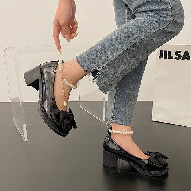 Giày lolita đê cao Giày Cao Gót Mary Jane Mũi Tròn Đính Nơ Phối Dây Ngọc Trai Phong Cách Thời Trang Mùa Hè 2022 Mới