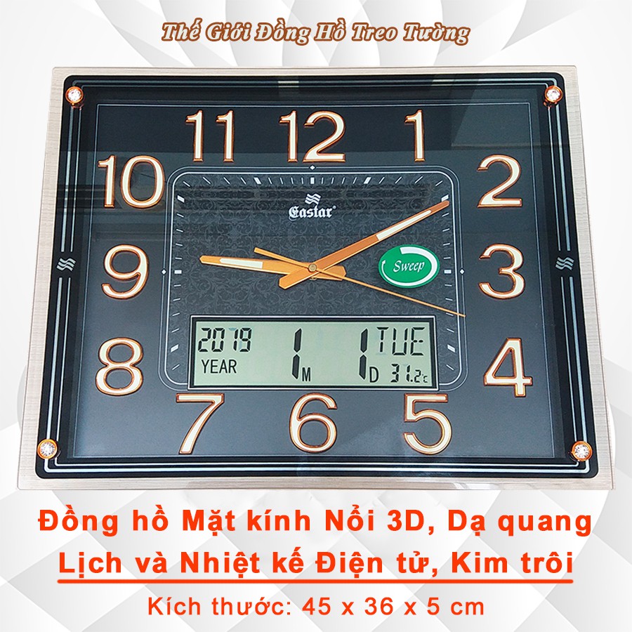Đồng hồ Treo Tường EASTAR Kim Điện Tử KIM TRÔI Mặt Đen Có DẠ QUANG - LỊCH Vạn Niên và NHIỆT KẾ Điện Tử - Tặng Pin Maxell
