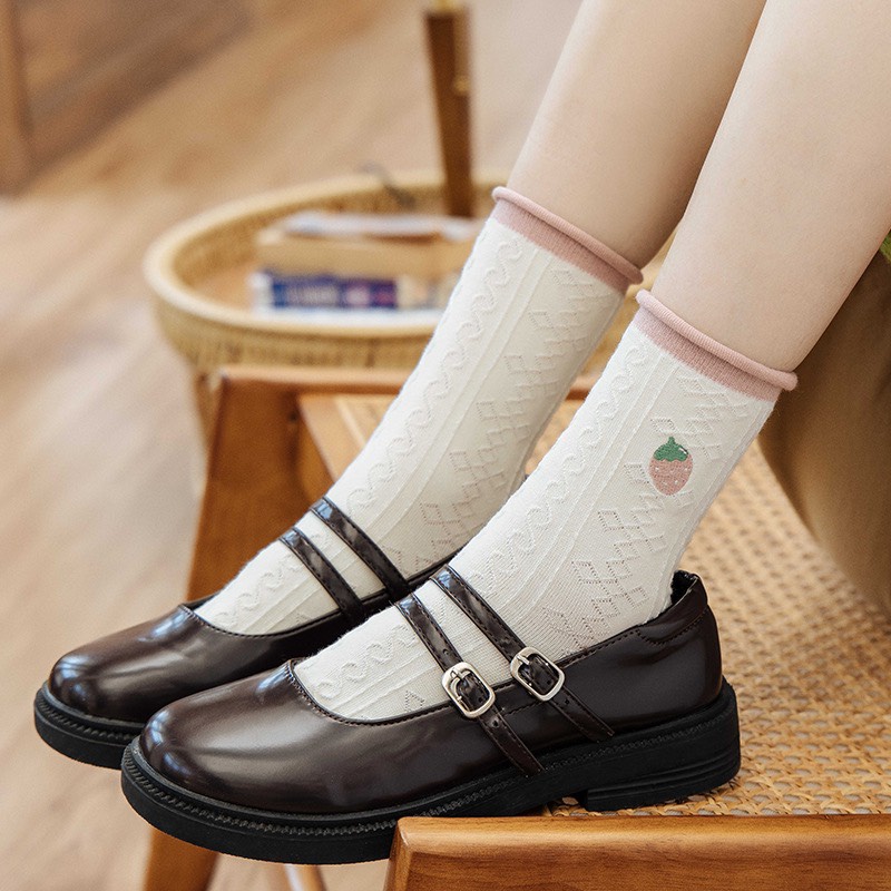 Tất cổ cao nữ vớ dâu hồng xinh xắn cotton kháng khuẩn thời trang hàn quốc giá rẻ MRSOCKS VC089