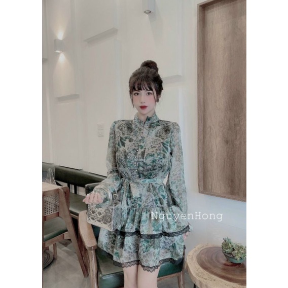 Váy tơ tầng dài tay buộc dây eo
