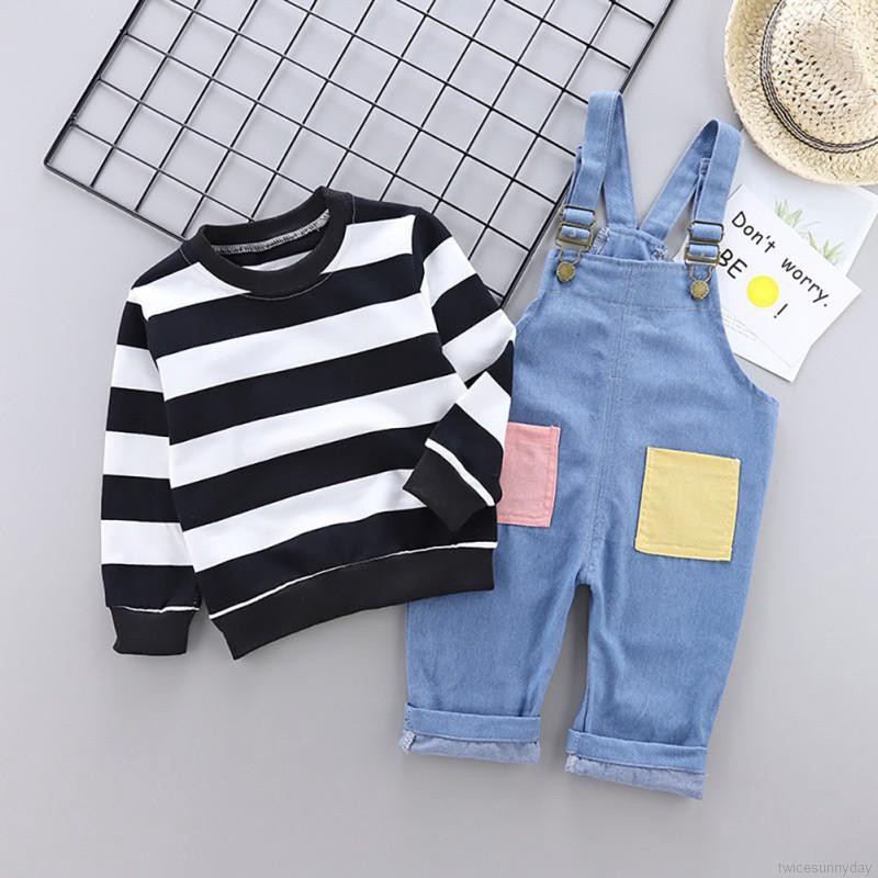 Set áo thun sọc ngang + quần yếm denim cho bé