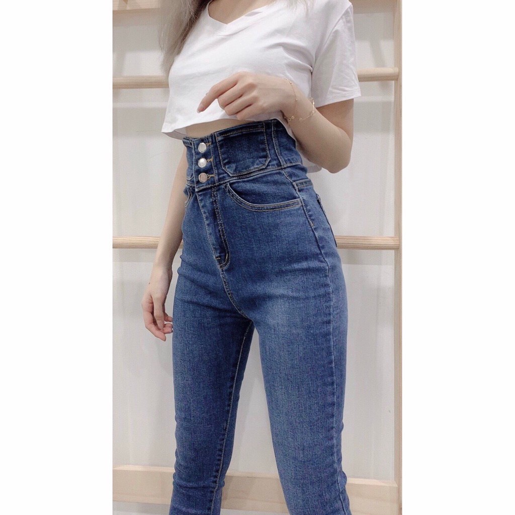 Quần jean nữ lưng siêu cao phối 3 khuy trước  siêu hot KH129