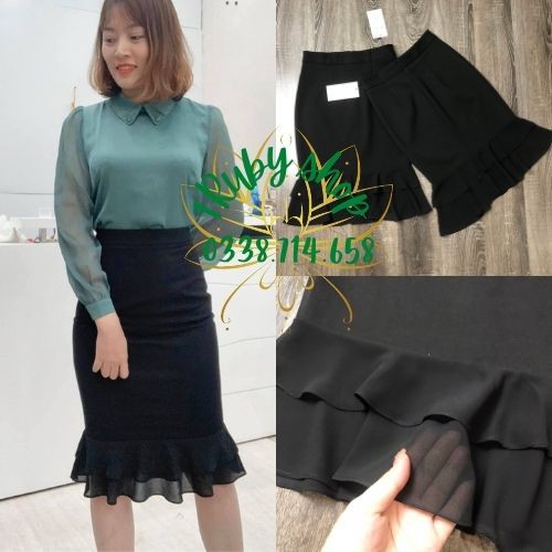 Chân Váy Bút Chì Đuôi Cá🍀FRRESHIP🍀Chân Váy Công Sở Phối Ren Bèo 2 Lớp Cạp Cao Thanh Lịch