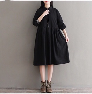 Đầm cổ sơ mi đen phối caro