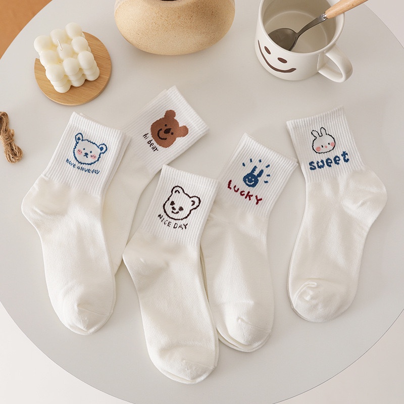 Tất ngắn nữ hình gấu/thỏ màu trắng chất liệu cotton mềm mại công nghệ dệt kim Hàn Quốc, T039