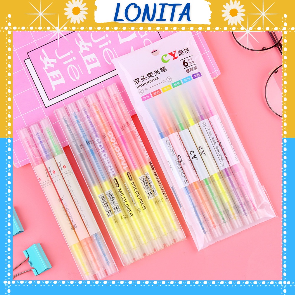 Bút highlight màu pastel Lonita set 6 bút ghi nhớ thân tròn BHL01