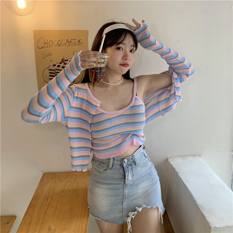 Set Áo Khoác Cardigan Tay Dài + Áo Hai Dây Dệt Kim Thời Trang